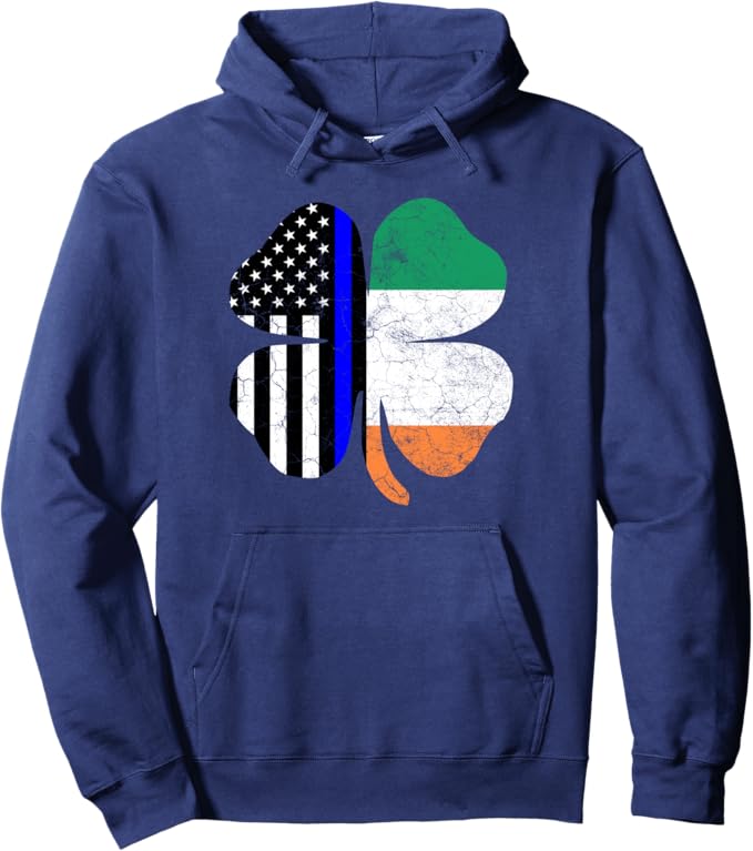 Thin Blue Line Flag Irish American St Patricks Day Hoodie Pullover Hoodie