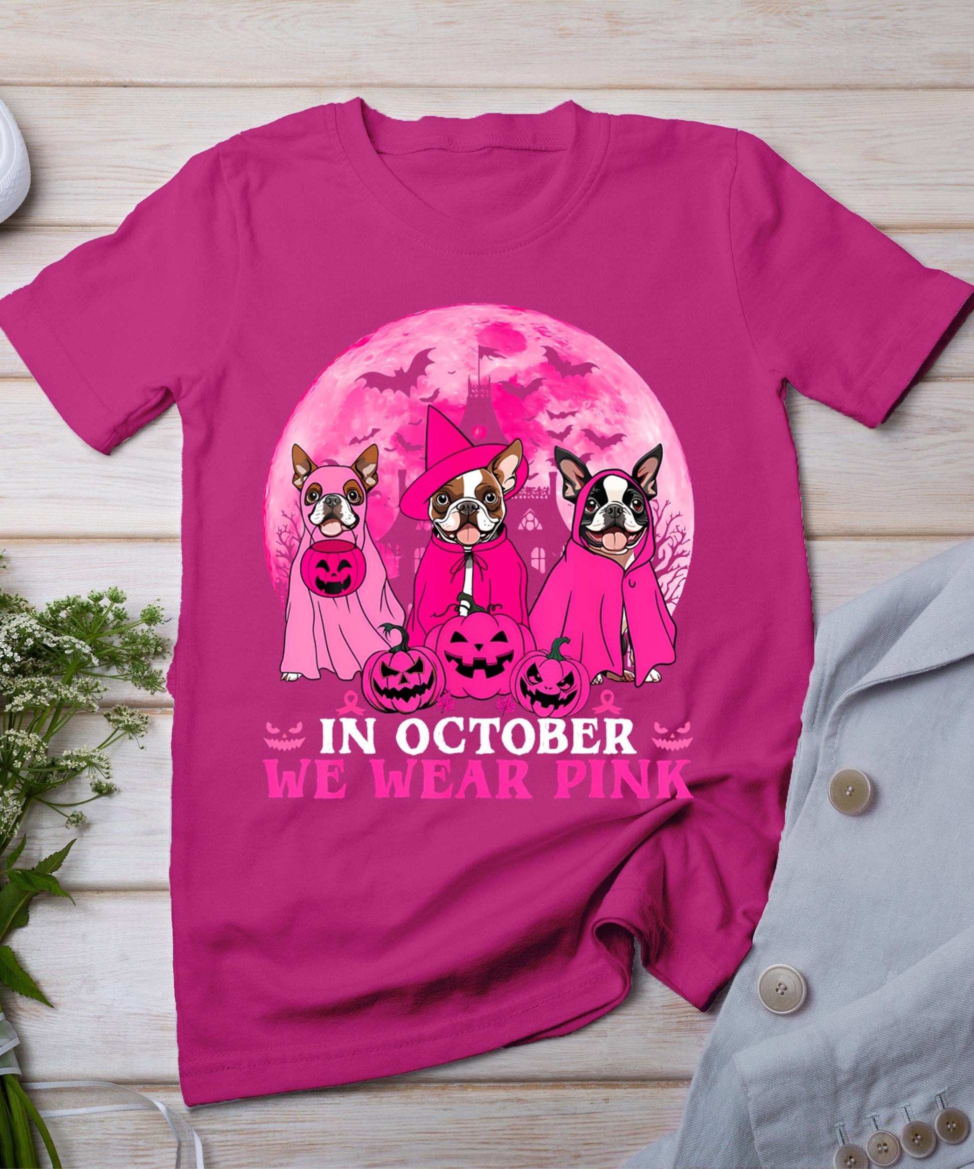 Ghost And Witch Boston Terrier Dog In October We Wear Pink T-Shirt