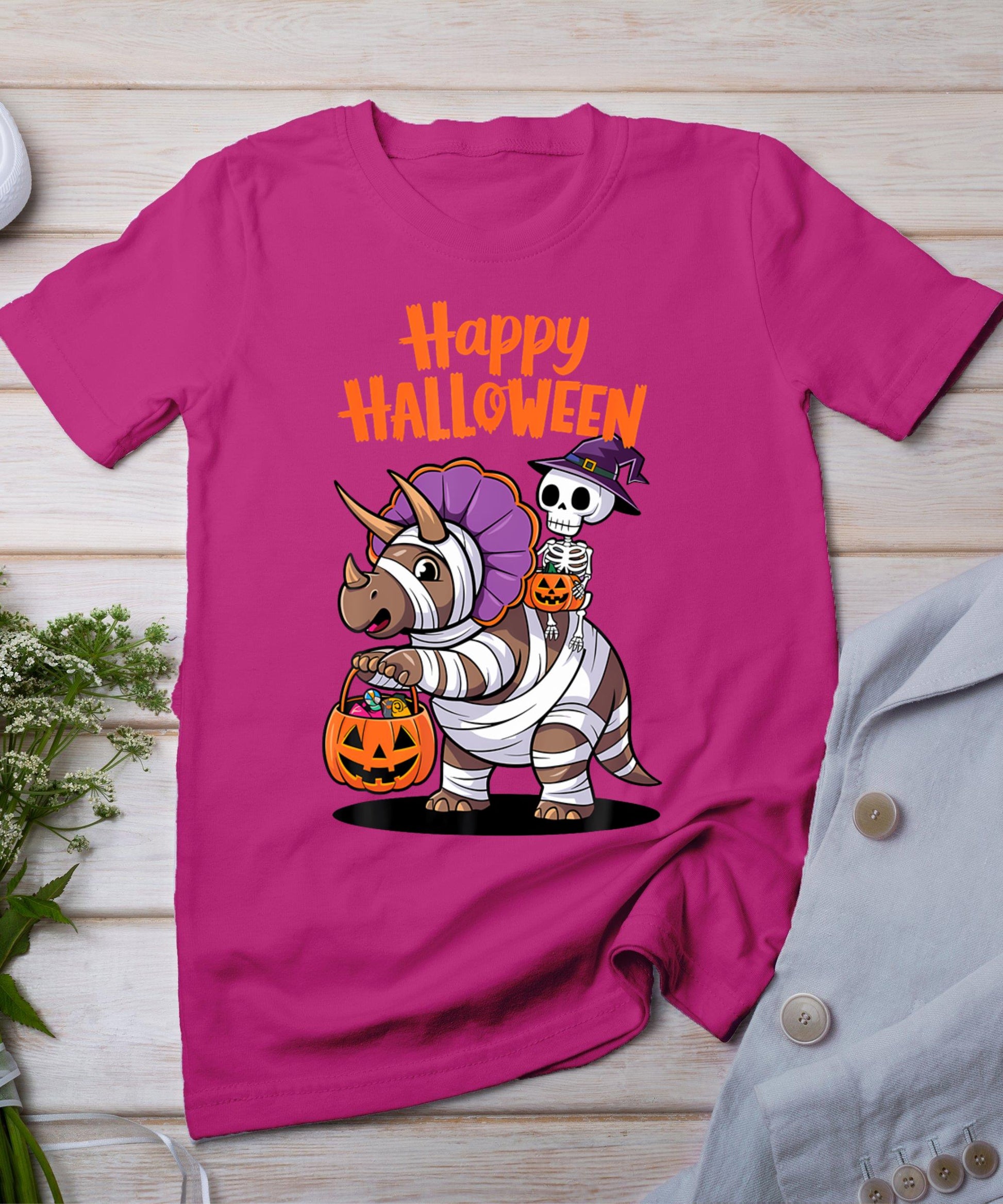 Cute Skeleton Riding Triceratops Happy Halloween Design T-Shirt