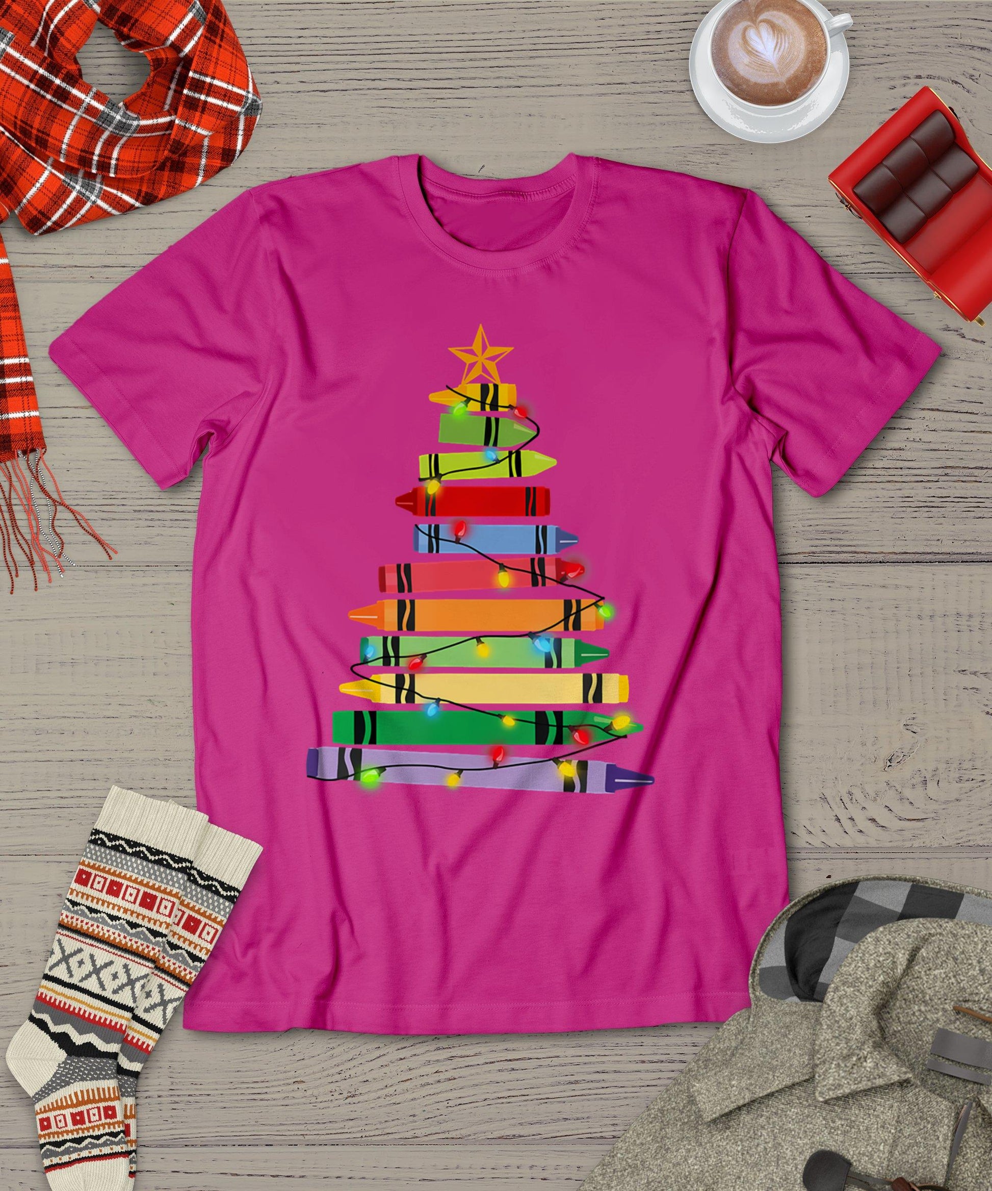 Teacher Christmas Tshirt Crayon Tree Light Gifts Student T-Shirt