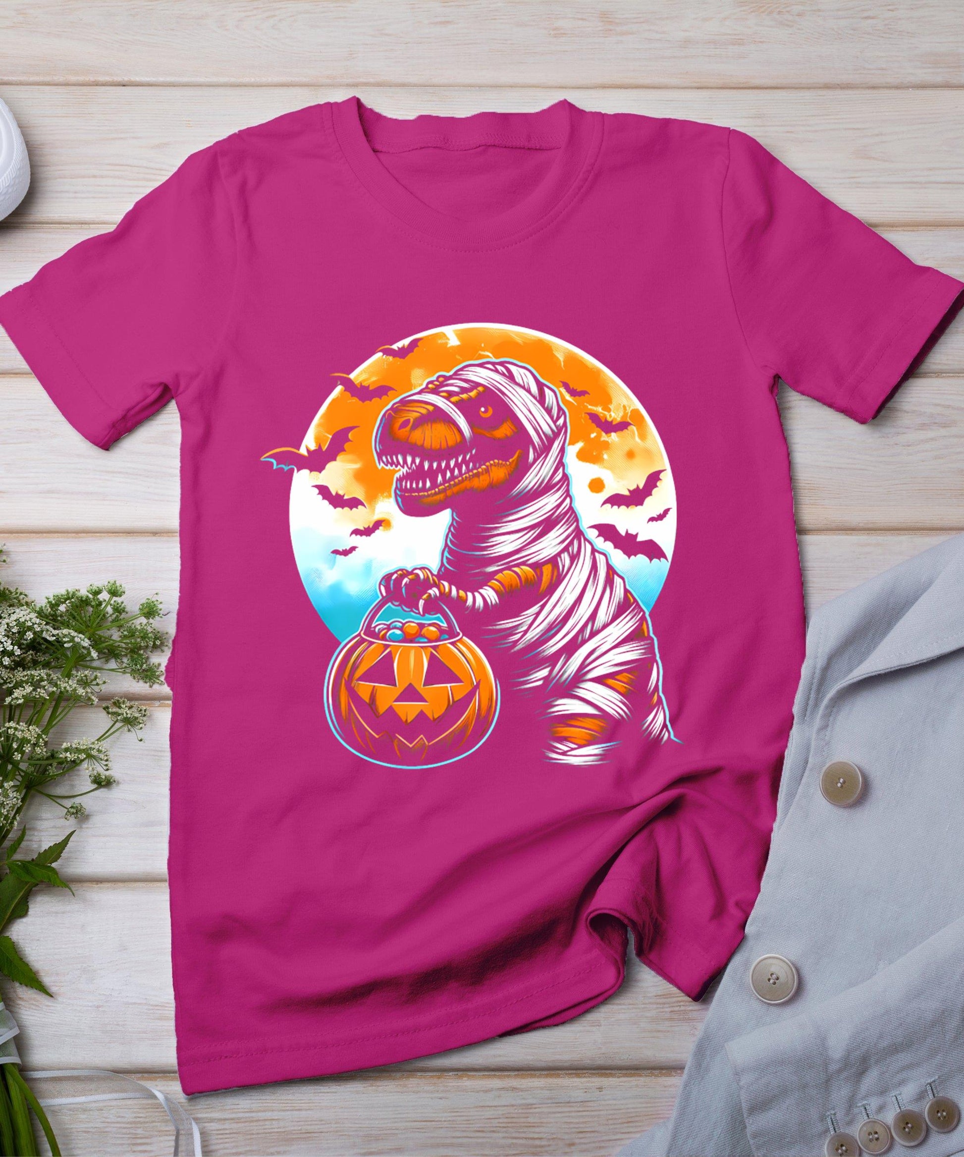 T Rex Dinosaur Mummy Pumpkin Bats Funny Retro Halloween Men T-Shirt