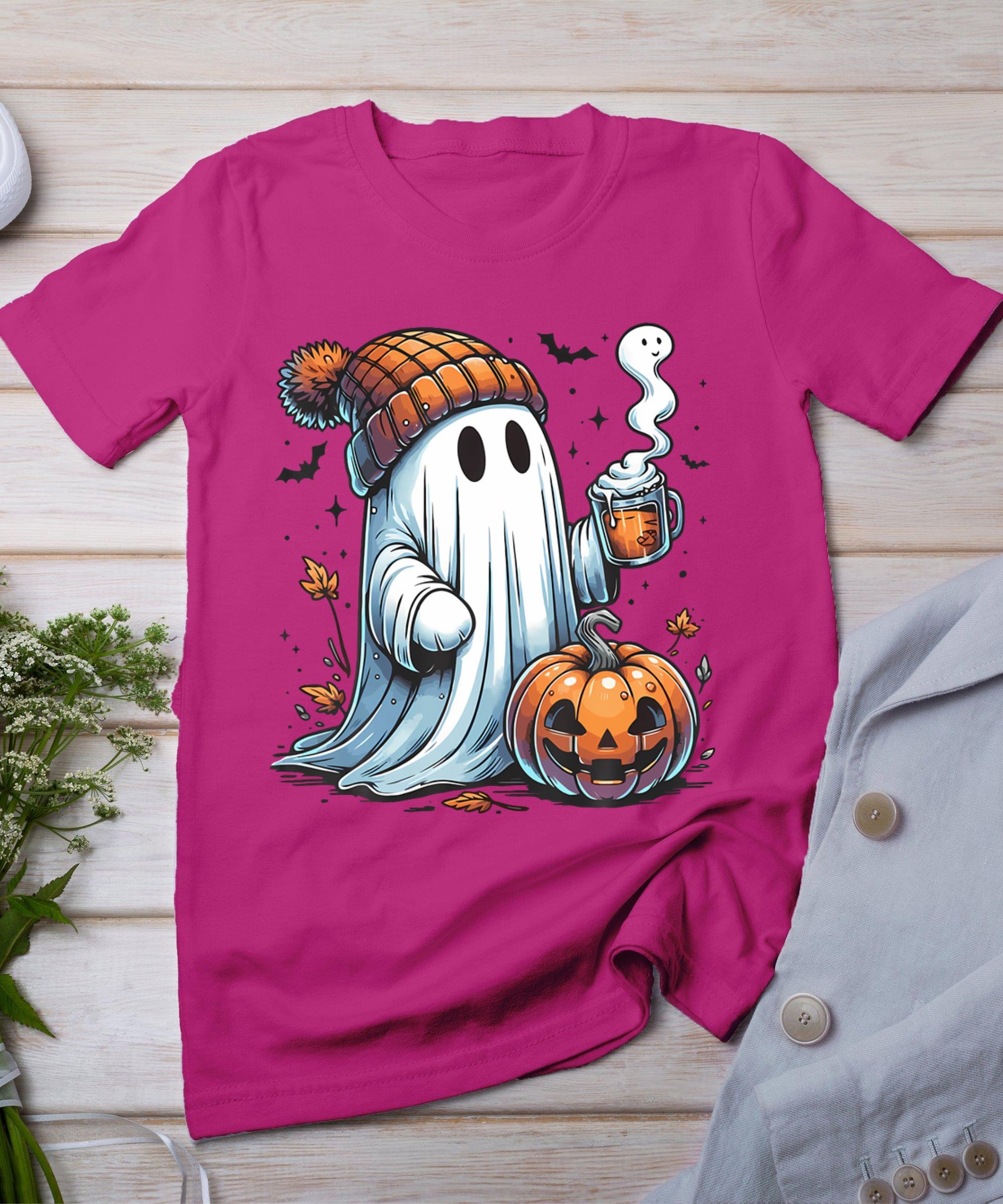 Cute Ghost Drinking Coffee Halloween Ghost Coffee Womens T-Shirt