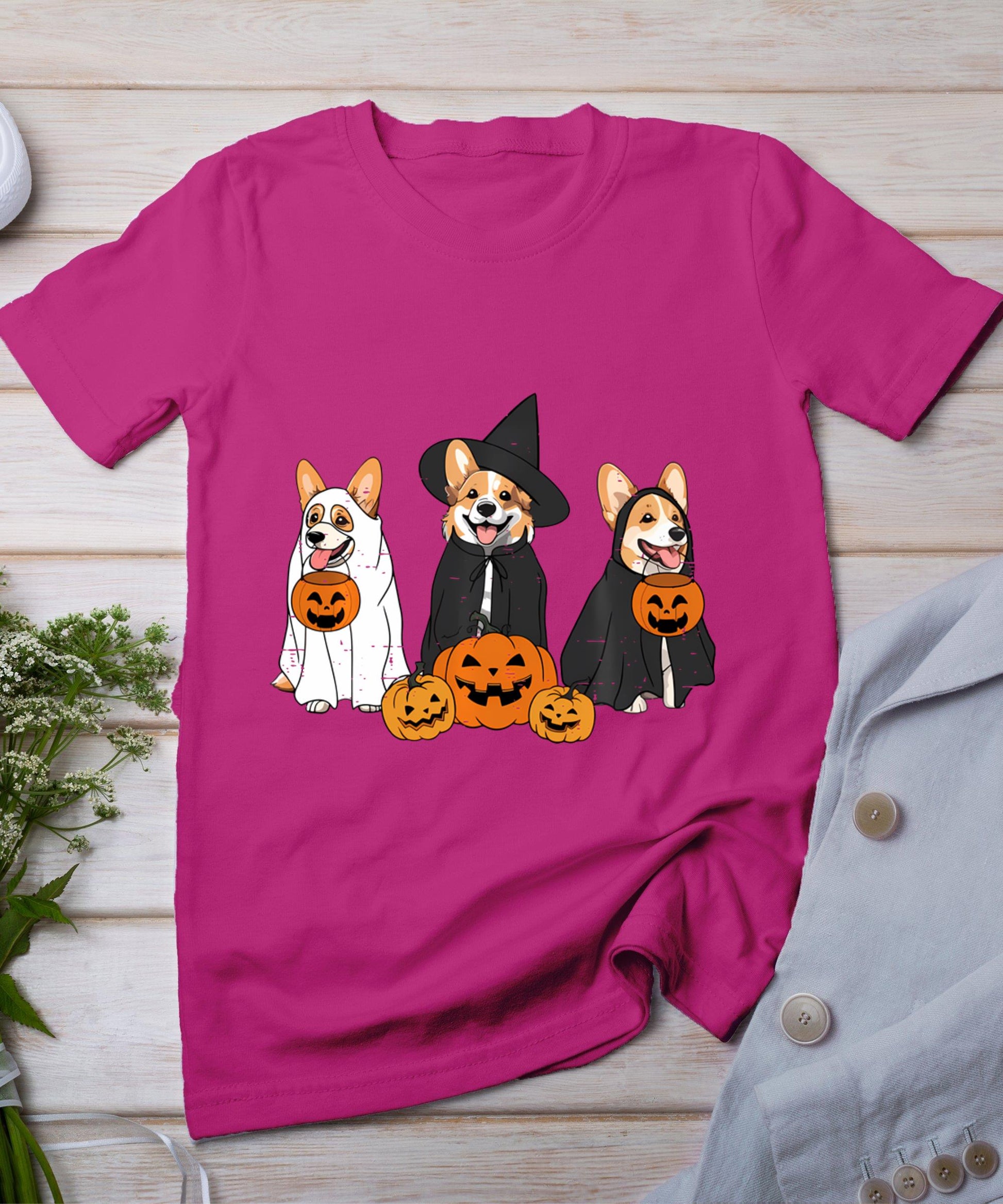 Retro Funny Ghost And Witch Corgi Dog Pumpkin Halloween Cute T-Shirt