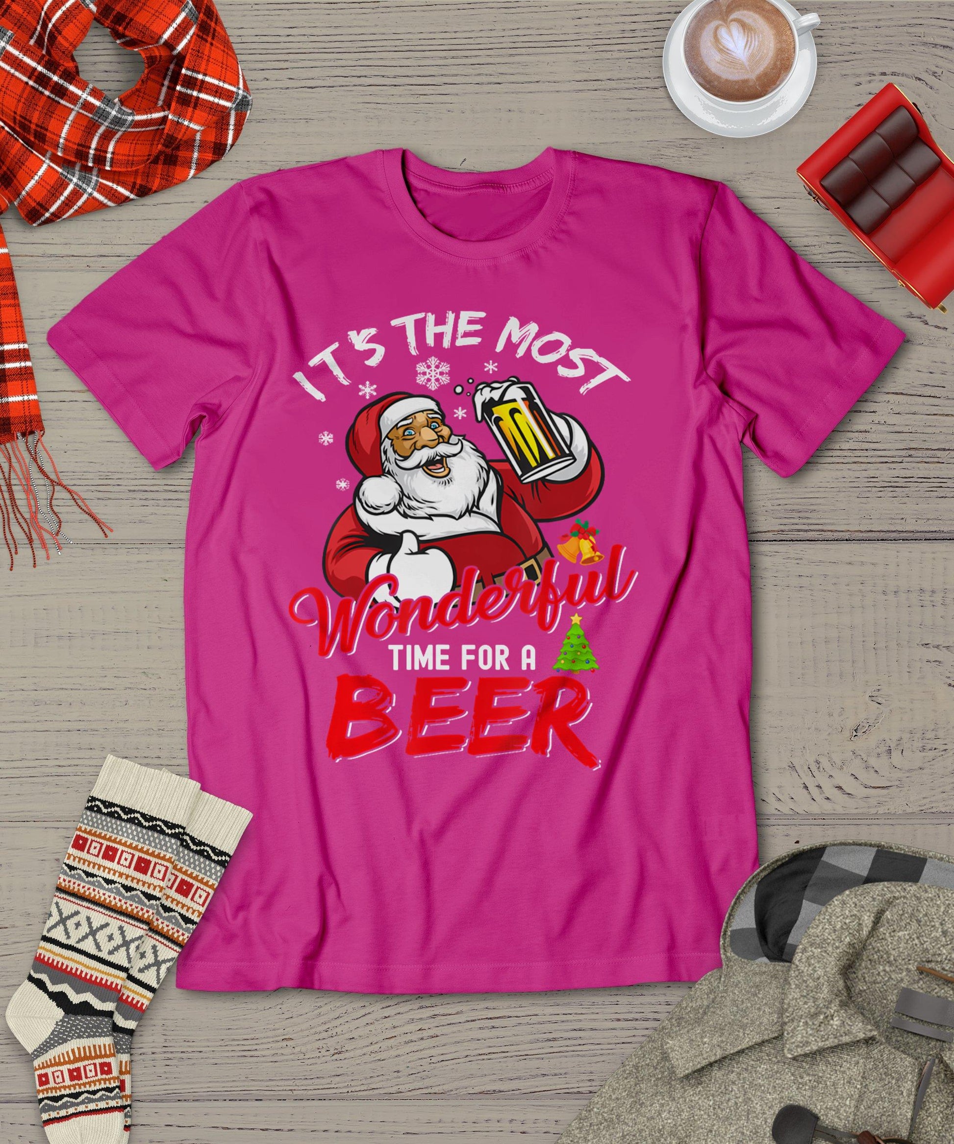 Funny Christmas Santa Claus Drinking Beer Wonderful Time T-Shirt