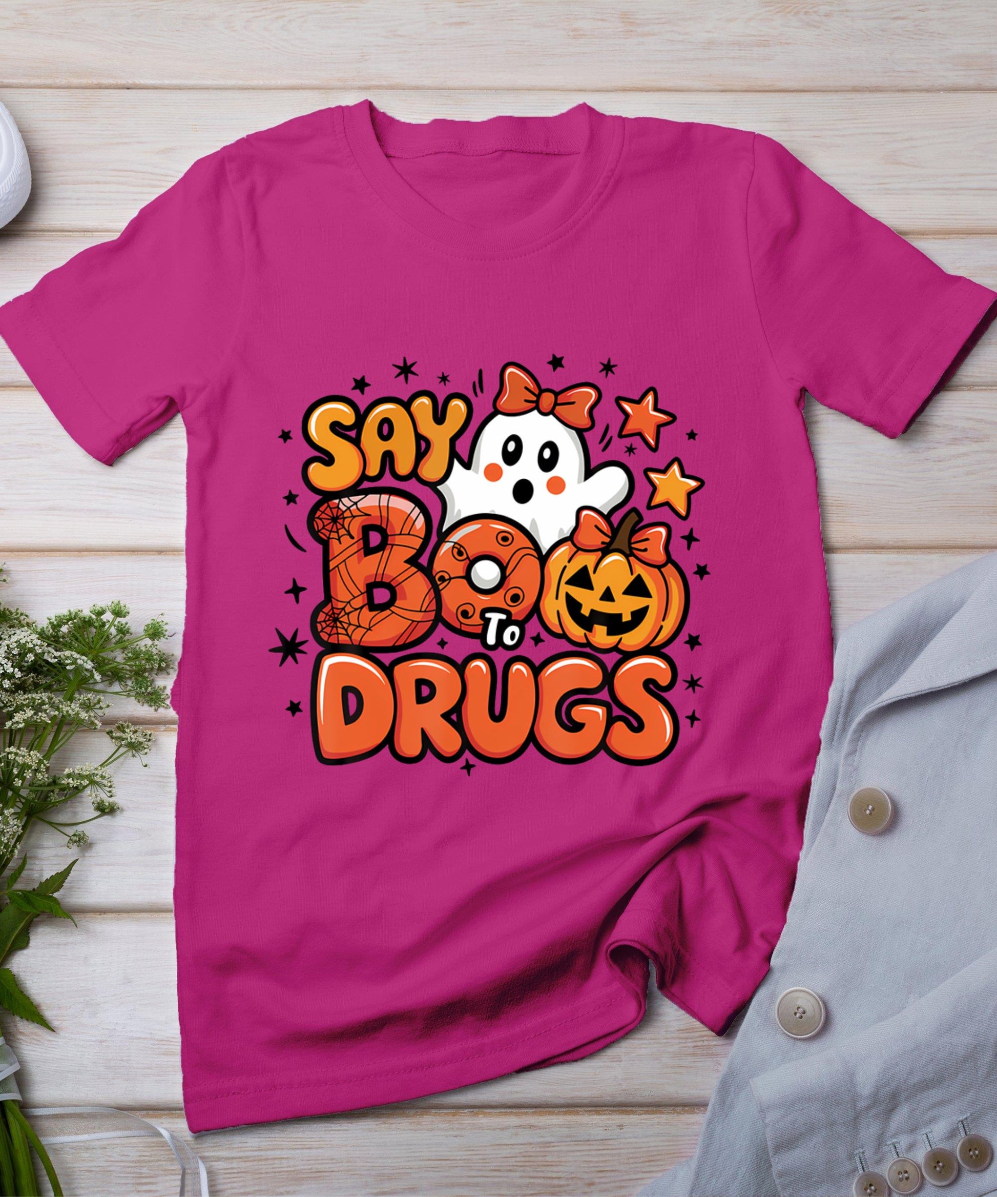 Say Boo Drug-Free Ghost Halloween Red Ribbon Week Awareness T-Shirt