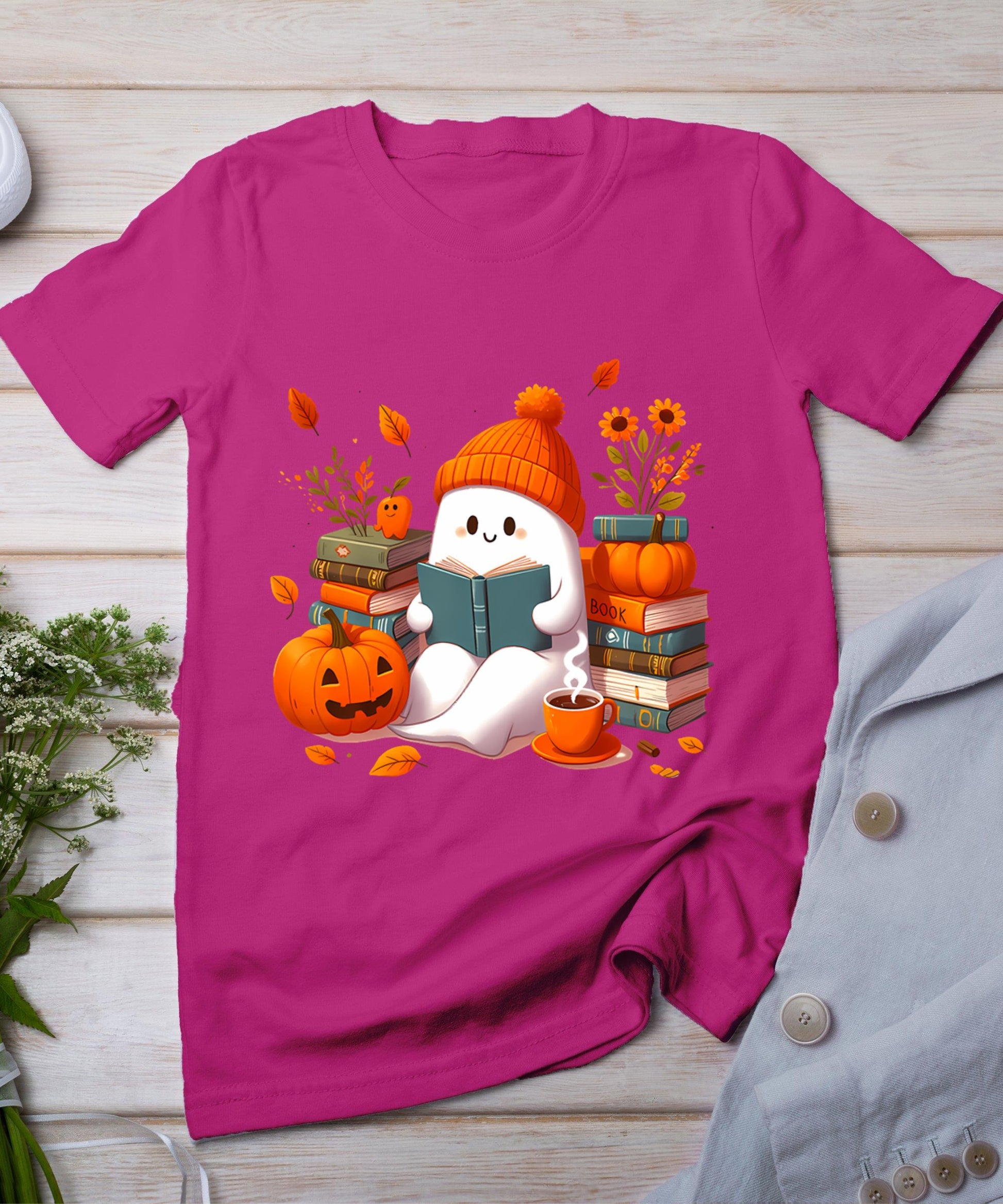 Cute Ghost Book Reading Halloween Books Lover Teacher Kids T-Shirt