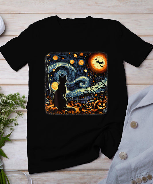 Halloween Van Gogh Starry Night Black Cat Pumpkins Bats T-Shirt