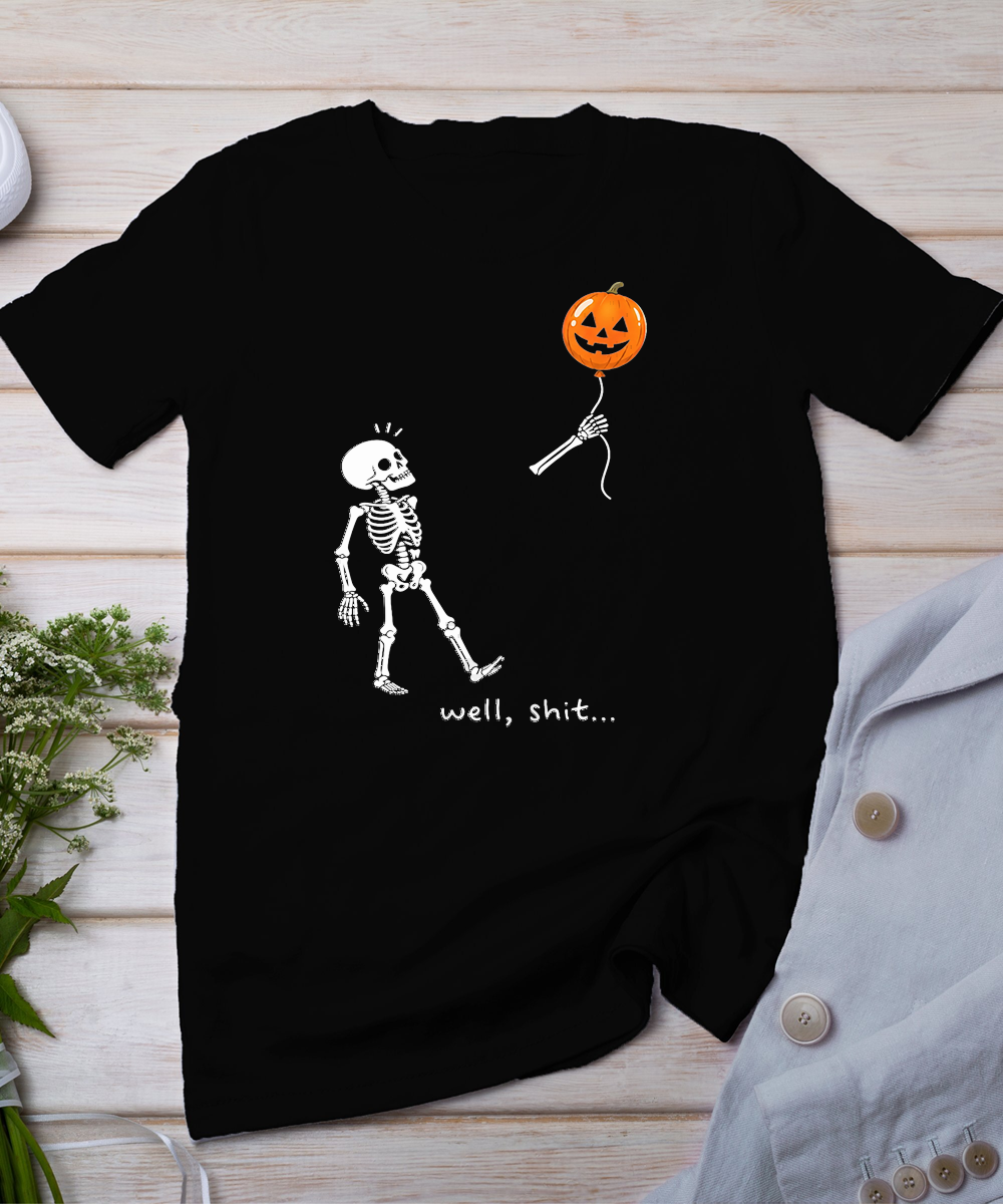 Well Skeleton Holding Balloon Pumpkin Gothic Halloween T-Shirt