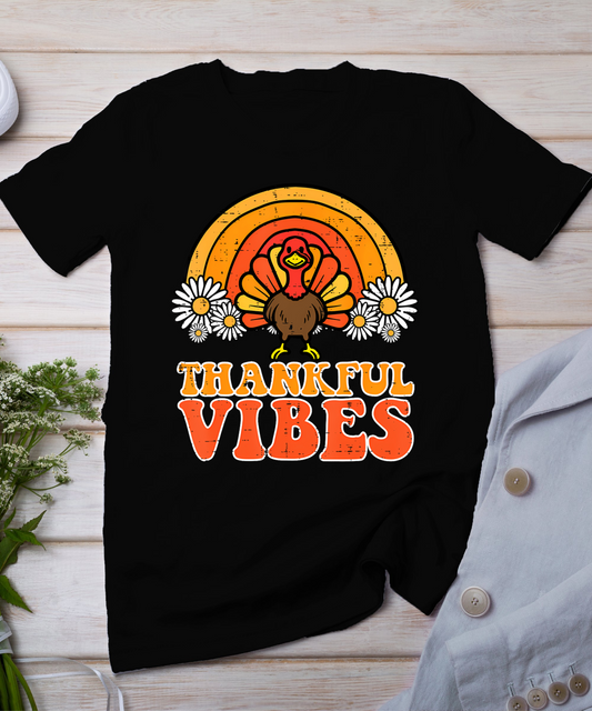 Thankful Vibes Turkey Rainbow Funny Retro Thanksgiving Women T-Shirt