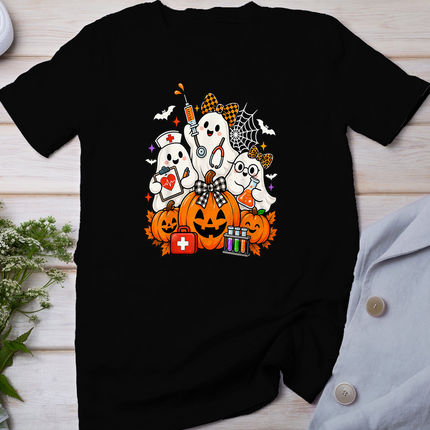 Ghost Nurse Phlebotomist Halloween Pumpkin Bow Phlebotomy T-Shirt
