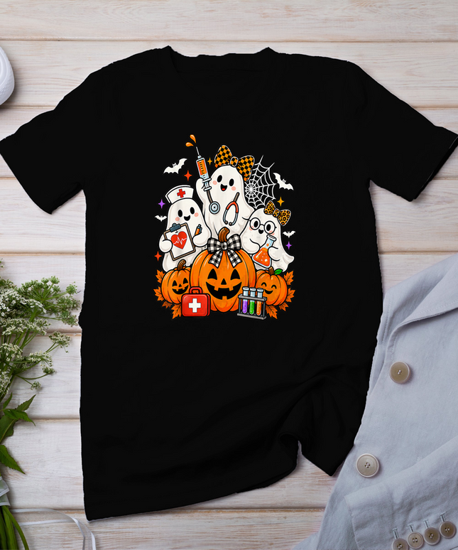 Ghost Nurse Phlebotomist Halloween Pumpkin Bow Phlebotomy T-Shirt