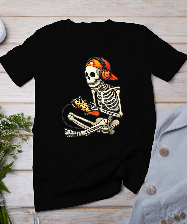 Halloween Skeleton Gamer Video Gaming Boys Men Kids Tees T-Shirt