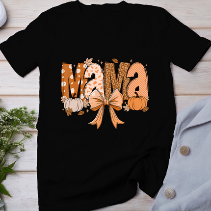 Retro Mama Coquette Bows Leopard Mom Fall Thanksgiving Women T-Shirt