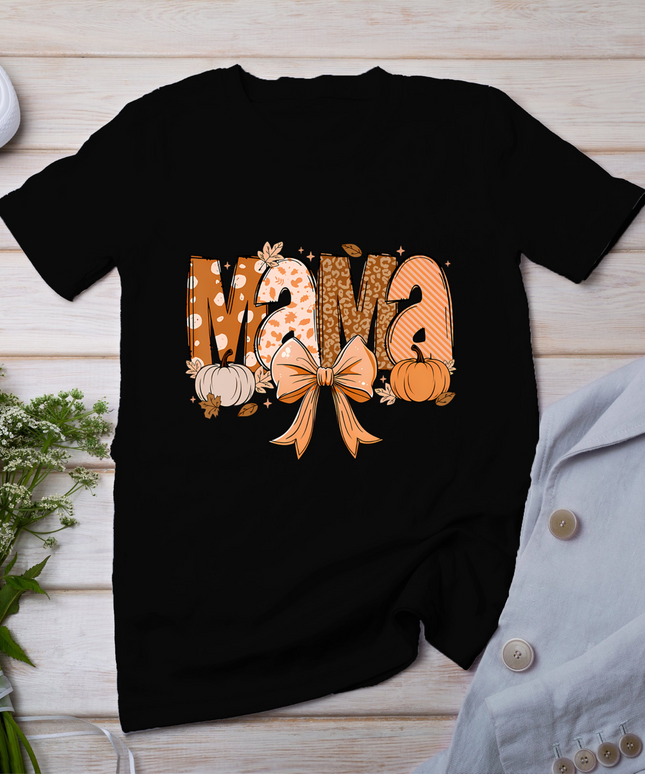 Retro Mama Coquette Bows Leopard Mom Fall Thanksgiving Women T-Shirt