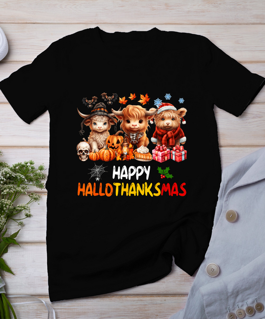 Happy Halloween Thanksgiving Christmas Highland Cow Holiday T-Shirt