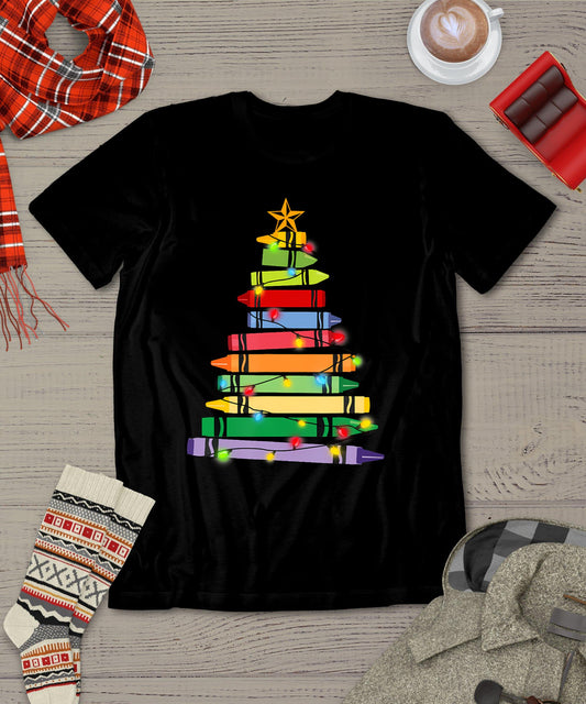 Teacher Christmas Tshirt Crayon Tree Light Gifts Student T-Shirt