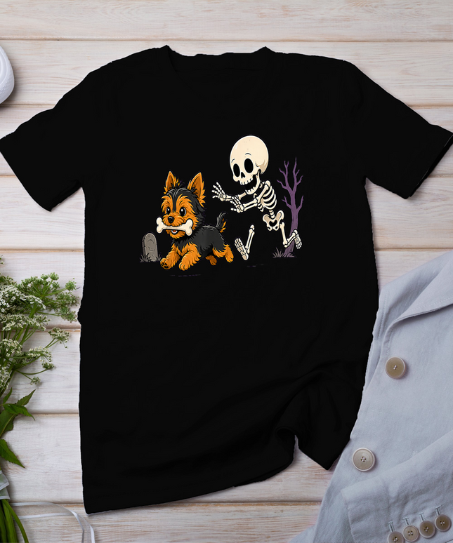 Funny Yorkie Skeleton and Halloween T-Shirt