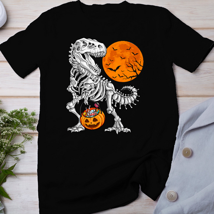 Halloween Boys Dinosaur Skeleton T Rex Scary Pumpkin Moon T-Shirt