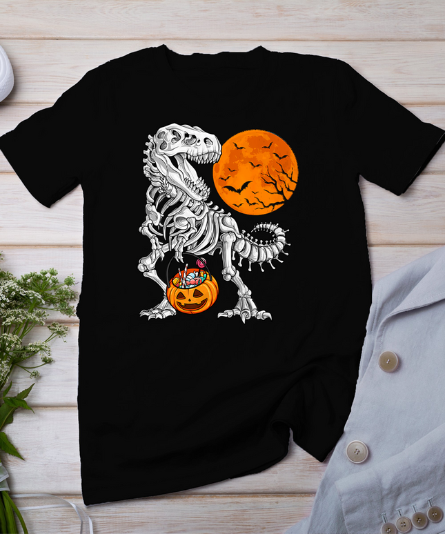Halloween Boys Dinosaur Skeleton T Rex Scary Pumpkin Moon T-Shirt
