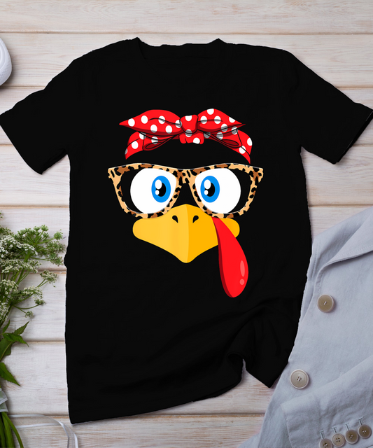 Thanksgiving Turkey Face Leopard Print Glasses Women Girls T-Shirt