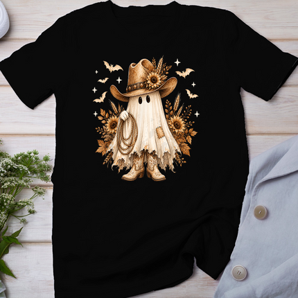 Halloween Western Ghost Cowboy Hat Boots Sunflowers T-Shirt