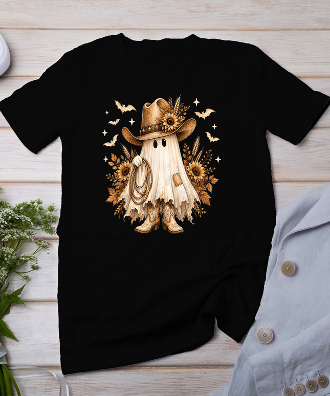 Halloween Western Ghost Cowboy Hat Boots Sunflowers T-Shirt