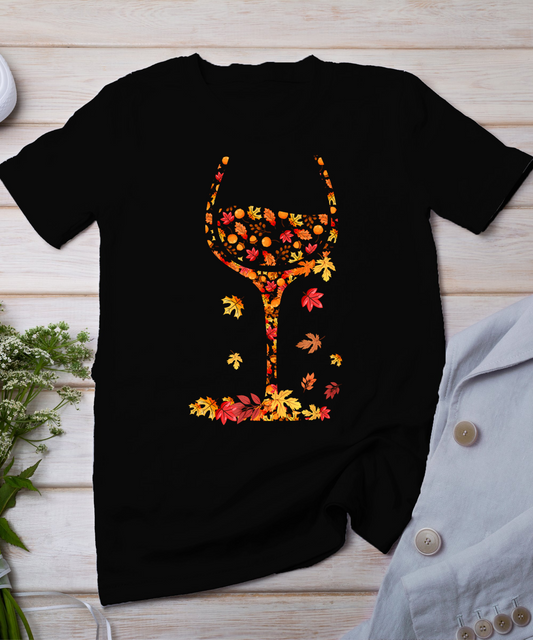 Glass Of Wine Maple Leaf Autumn Fall Funny Drink Wine Lovers T-Shirt