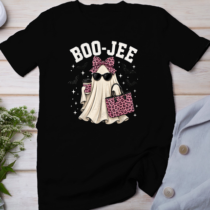 Boo-JEE Cute Ghost Halloween Leopard Bow Spooky Season T-Shirt