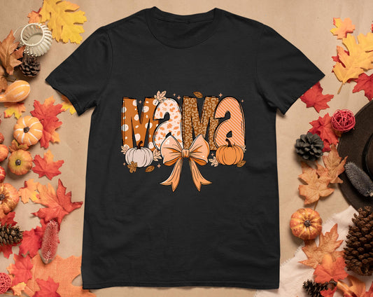 Retro Mama Coquette Bows Leopard Mom Fall Thanksgiving Women T-Shirt