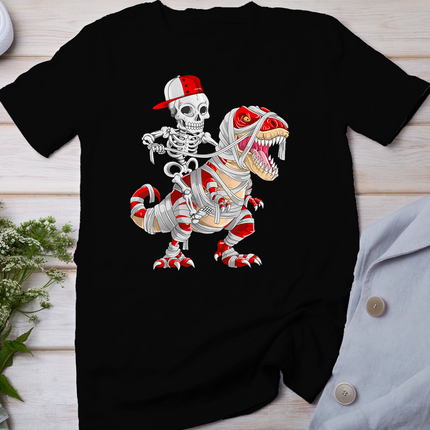 Funny Skeleton Cap Riding Mummy Dinosaur Halloween T-Shirt