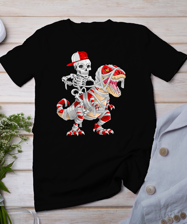 Funny Skeleton Cap Riding Mummy Dinosaur Halloween T-Shirt