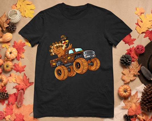 Thanksgiving Turkey Riding Monster Truck Boys Kids T-Shirt