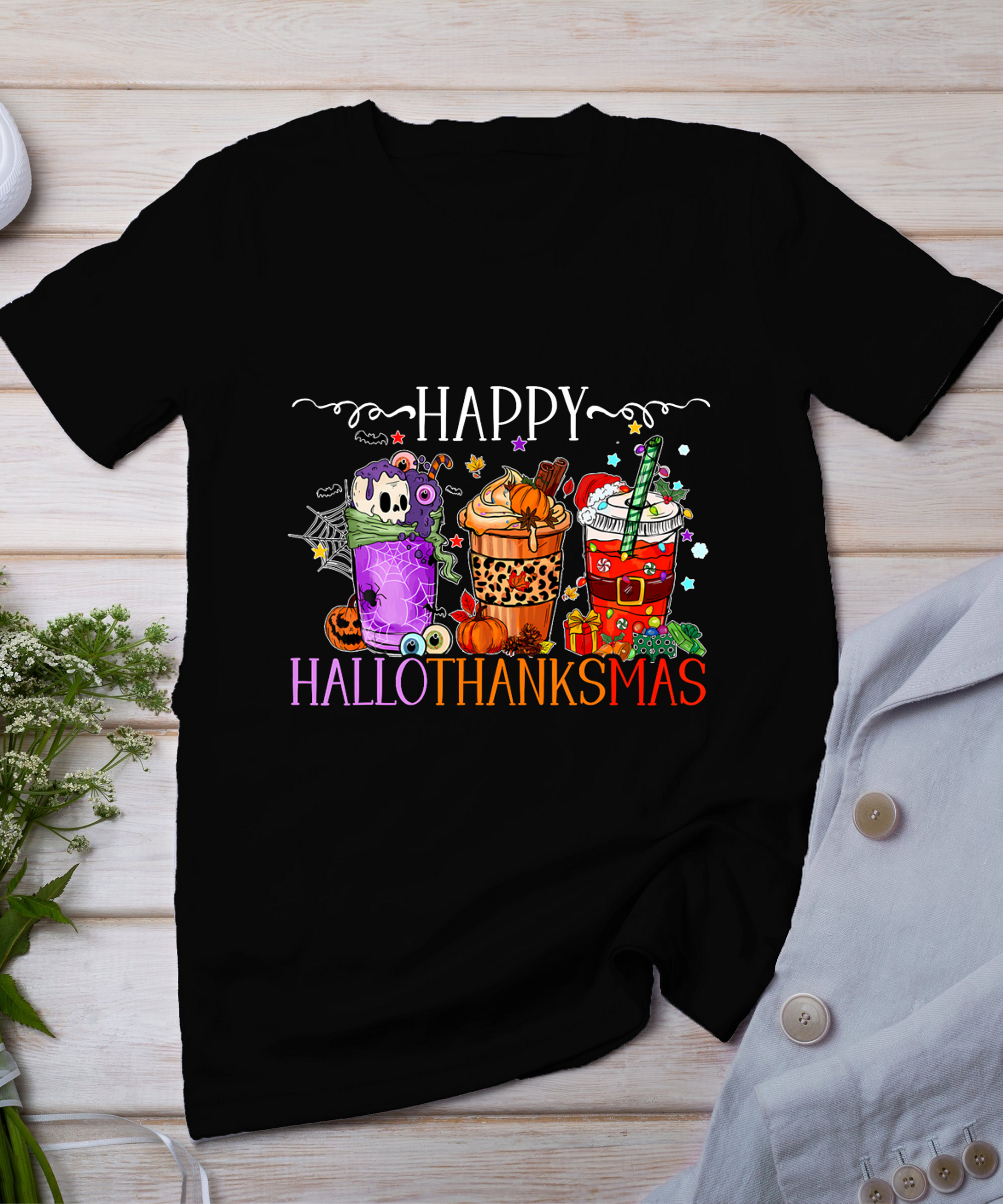 Happy Hallothanksmas Halloween Thanksgiving Christmas T-Shirt