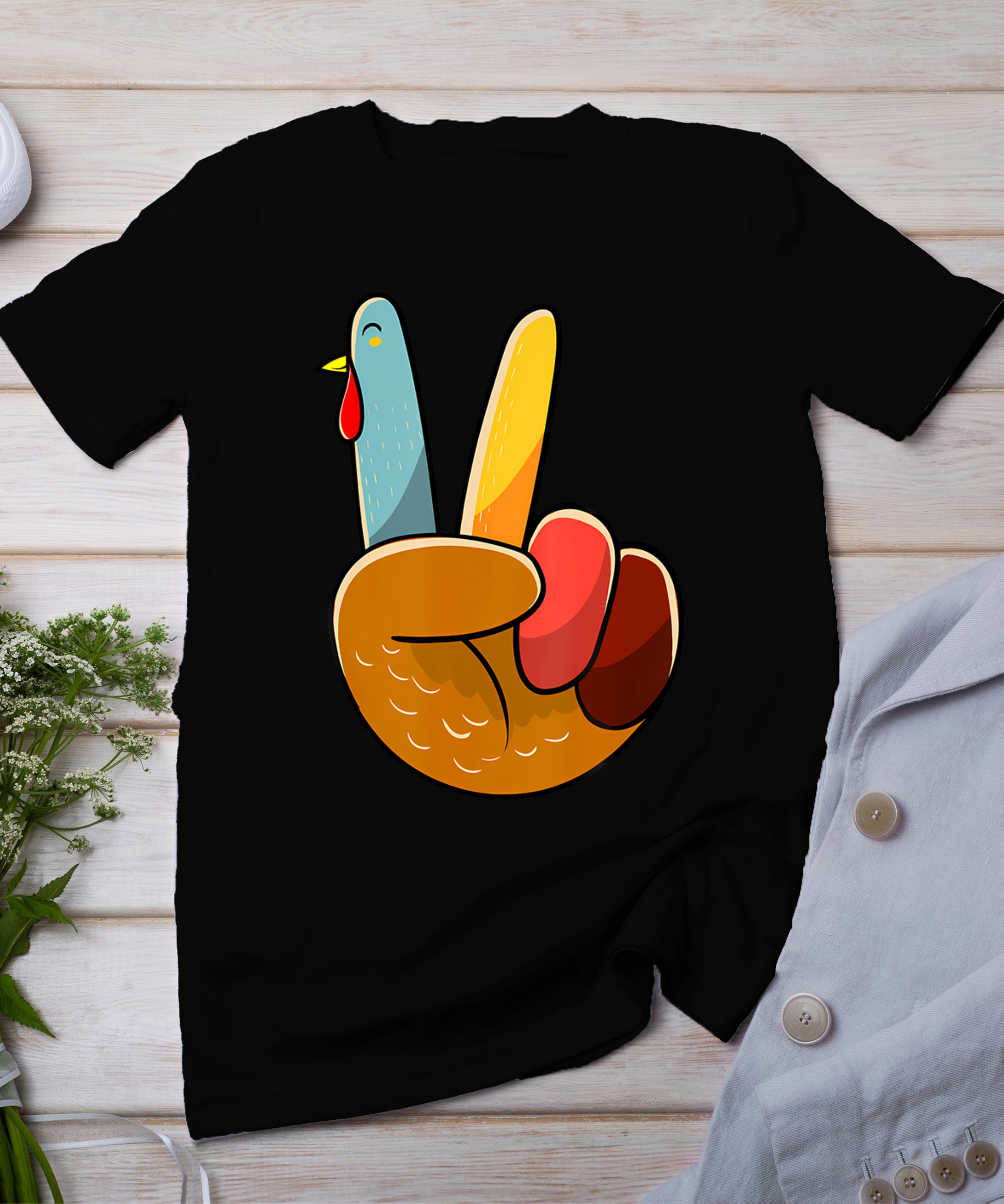 Turkey Peace Hand Sign Thanksgiving Thankful Women Kids Girl T-Shirt