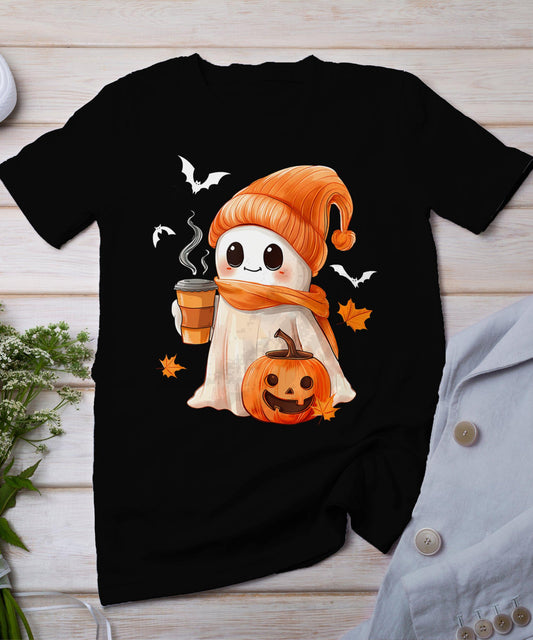 Cute Ghost Drinking Coffee Halloween Ghost Ice Coffee Womens T-Shirt