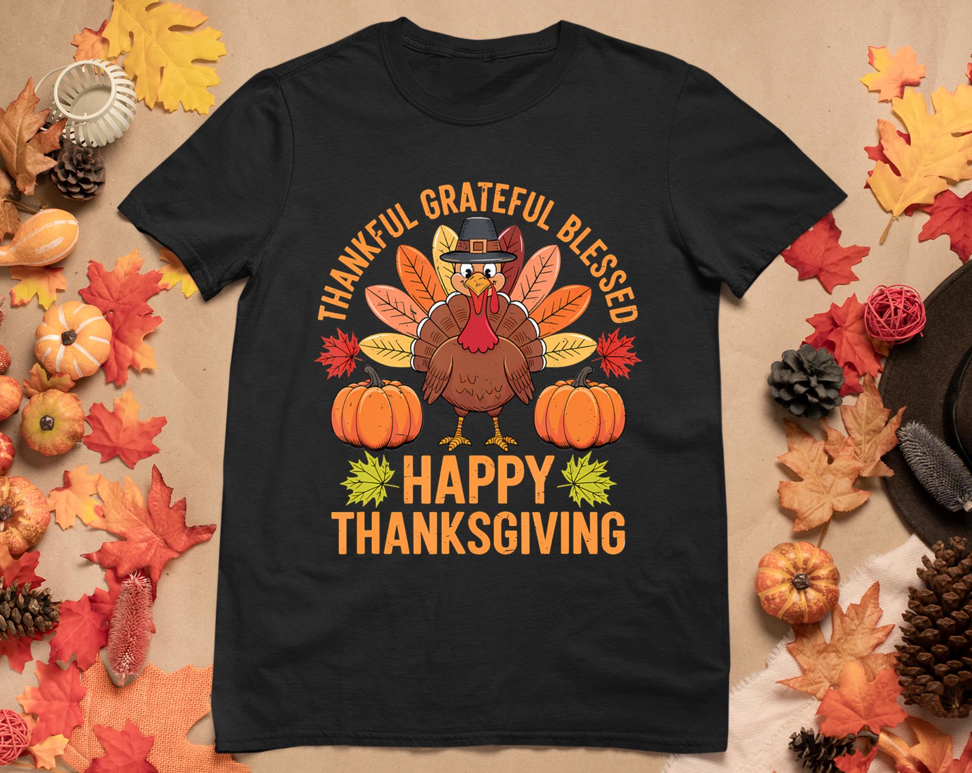 Thankful Grateful Blessed Turkey Women Happy Thanksgiving T-Shirt