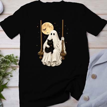 Ghost Holding Black Cat Retro Halloween Ghost Cozy Autumn T-Shirt