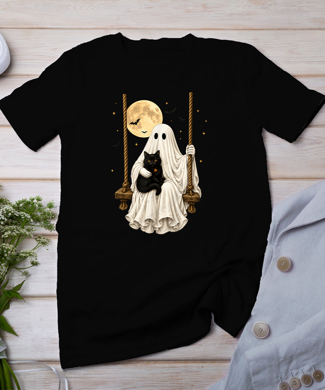 Ghost Holding Black Cat Retro Halloween Ghost Cozy Autumn T-Shirt