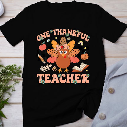 One Thankful Teacher Thanksgiving Retro Groovy Fall Teachers T-Shirt