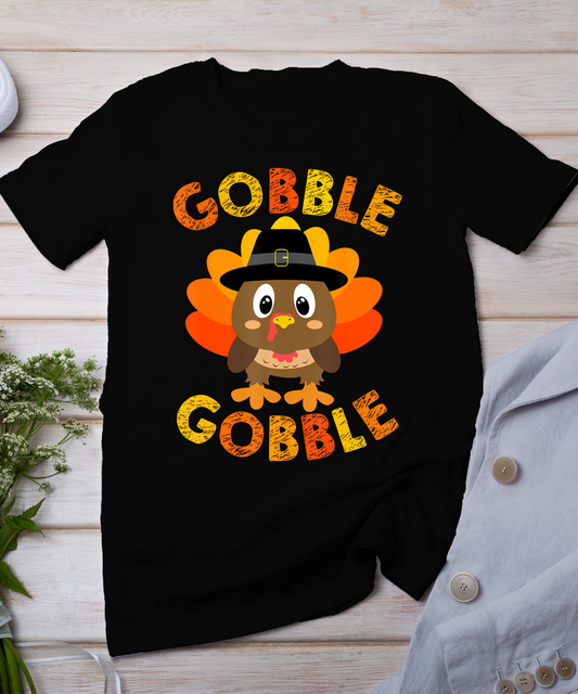 Cute Gobble Gobble Turkey Pilgrim Little Boys Thanksgiving T-Shirt