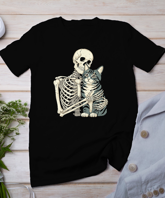 Halloween Skeleton Hugging Cat Goth Costume Women Men Kids T-Shirt