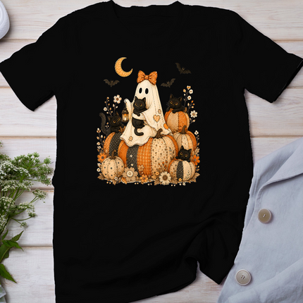 Cute Halloween Ghost Black Cat Pumpkin Patchwork Cat Mom T-Shirt