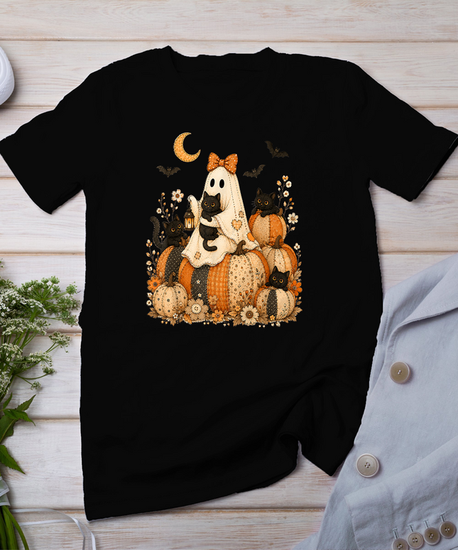 Cute Halloween Ghost Black Cat Pumpkin Patchwork Cat Mom T-Shirt