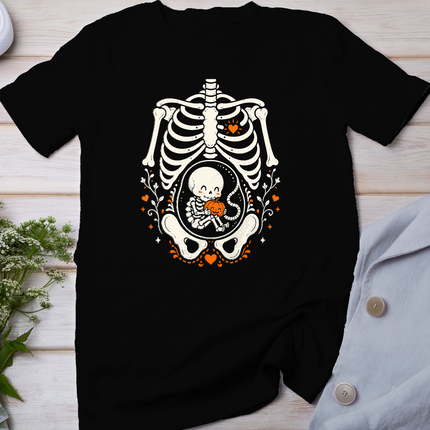 Halloween Skeleton Baby Rib Cage Pregnant Pumpkin Costume T-Shirt