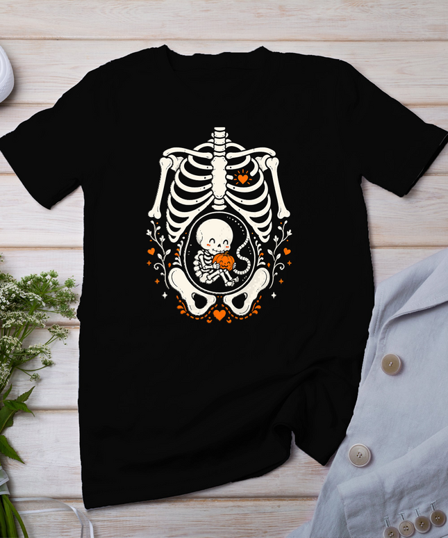 Halloween Skeleton Baby Rib Cage Pregnant Pumpkin Costume T-Shirt