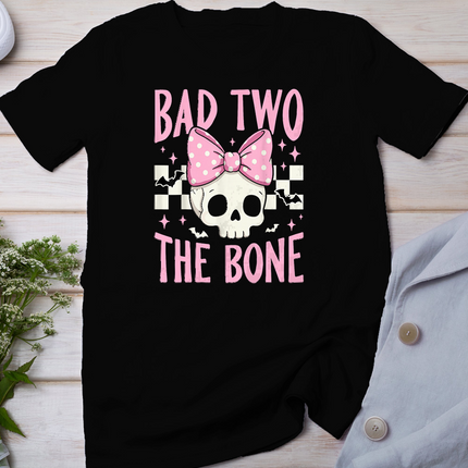 Bad Two The Bone Skull with Pink Bow for Halloween T-Shirt
