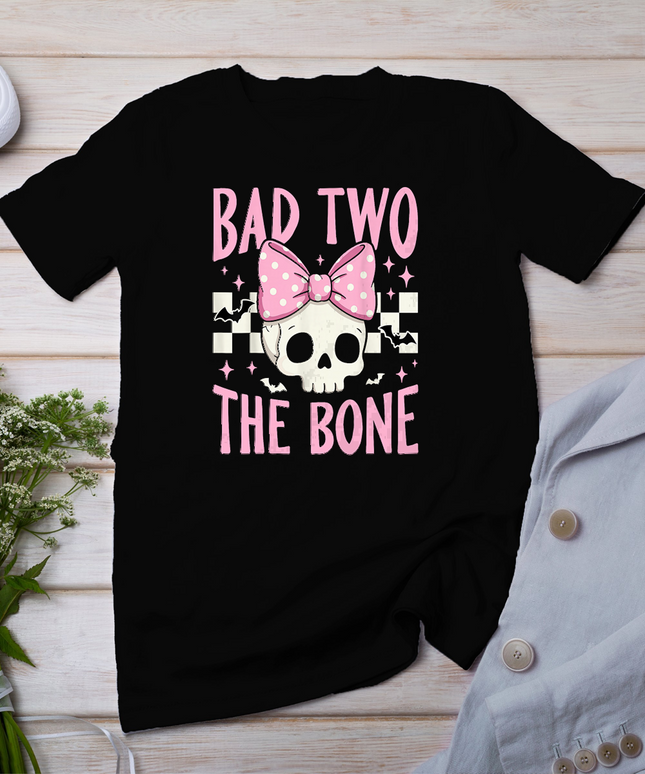 Bad Two The Bone Skull with Pink Bow for Halloween T-Shirt