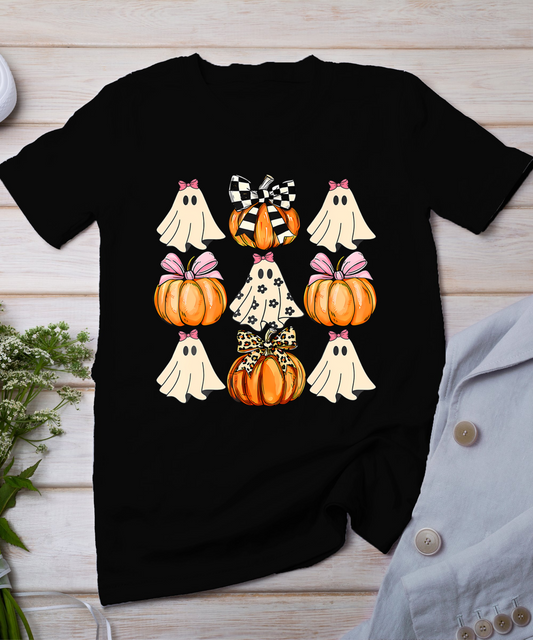 Cute Coquette Bows Ghost Pumpkin Season Halloween Autumn T-Shirt