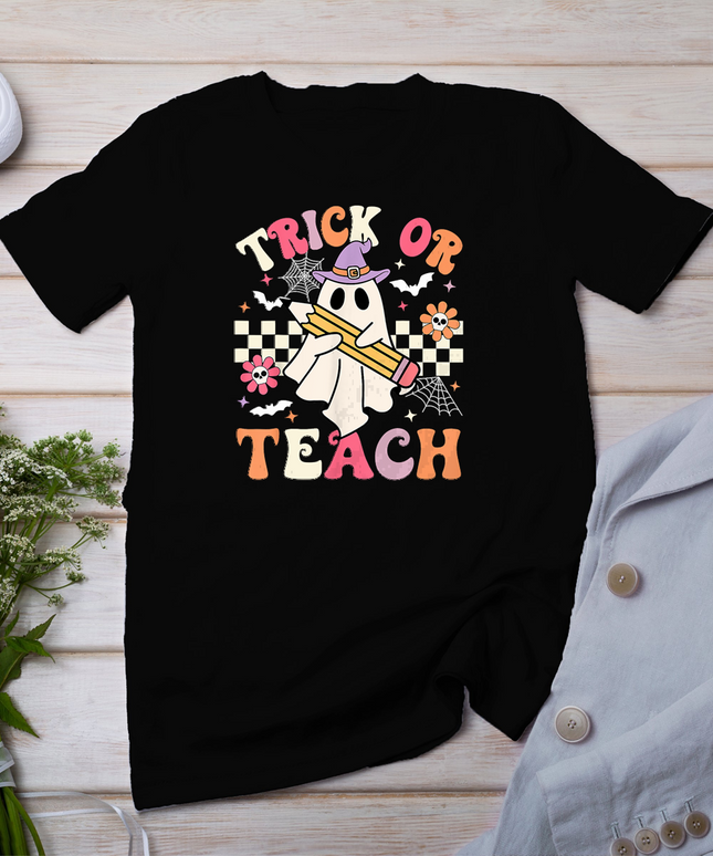 Trick Or Teach Groovy Teacher Halloween Retro Floral Ghost T-Shirt