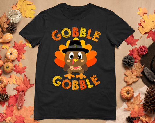 Cute Gobble Gobble Turkey Pilgrim Little Boys Thanksgiving T-Shirt